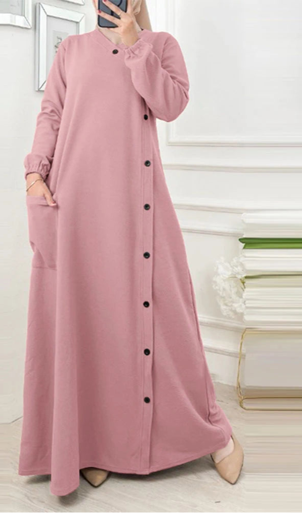 Loose Textured O Neck Buttons Abaya Dress - Palm and Thread