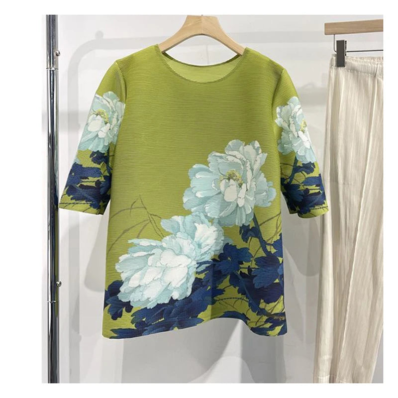 Pleated printed peony blooming Top - Palm and Thread