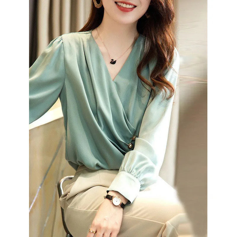 Satin Elegant Buttons Ruffled Blouse - Palm and Thread