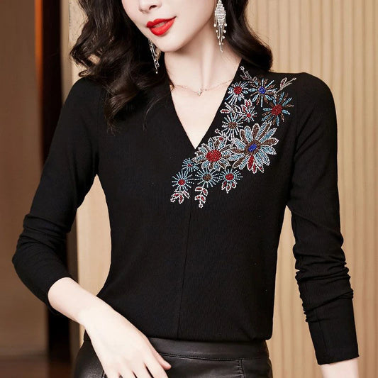 Fashion Rhinestone Black Elegant Basic T-shirt Top - Palm and Thread