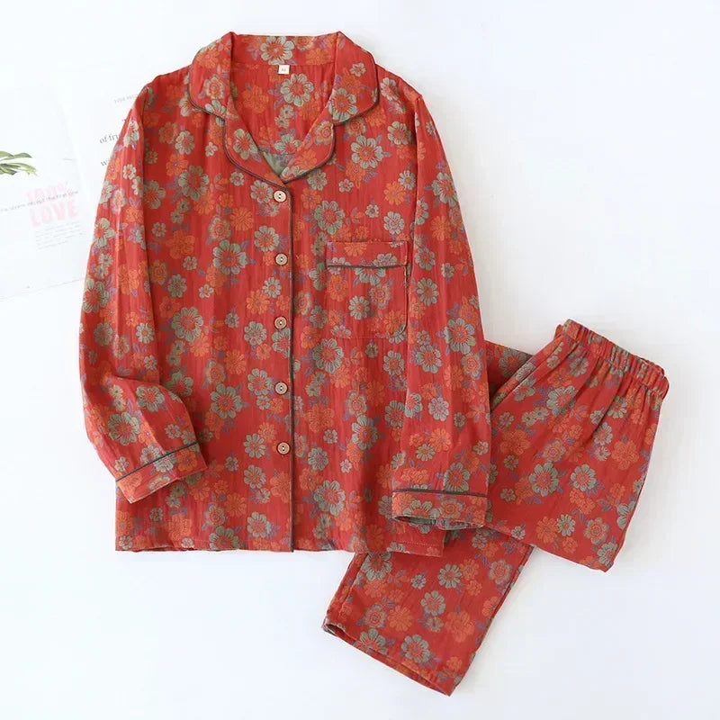 Long-sleeved trousers two-piece cotton crepe flower leaves Pajama set - Palm and Thread