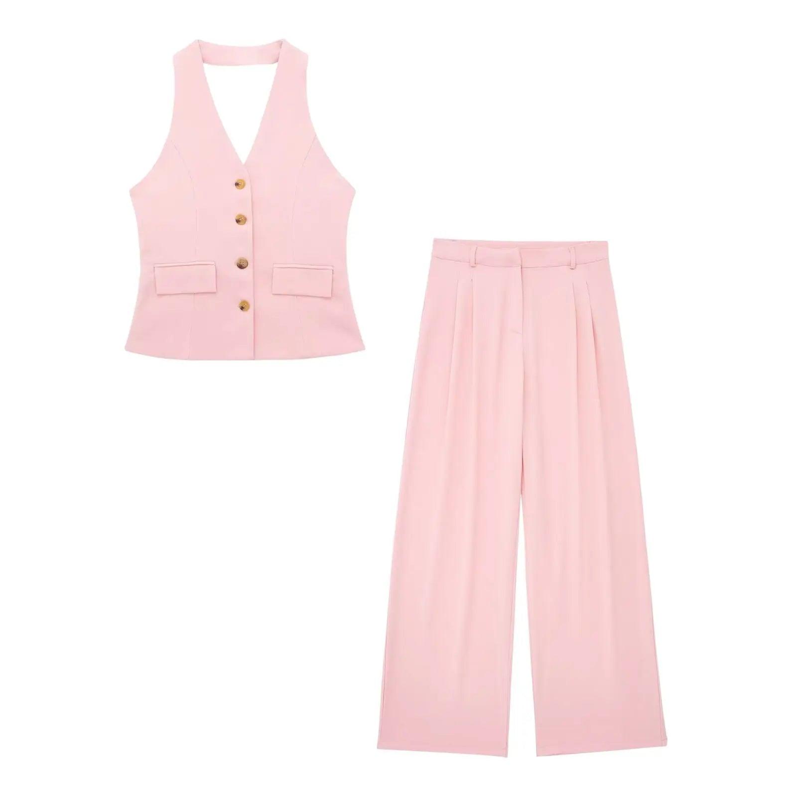 Sleeveless Halter Vest+ Zipper Pockets Pant Matching Set - Palm and Thread