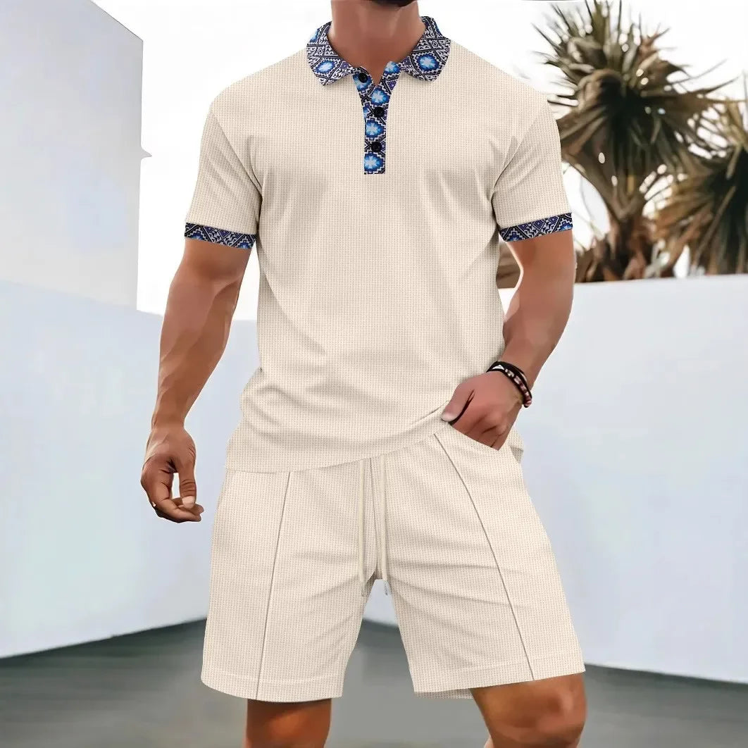 Waffle zip-up lapel short-sleeve suit shorts set - Palm and Thread