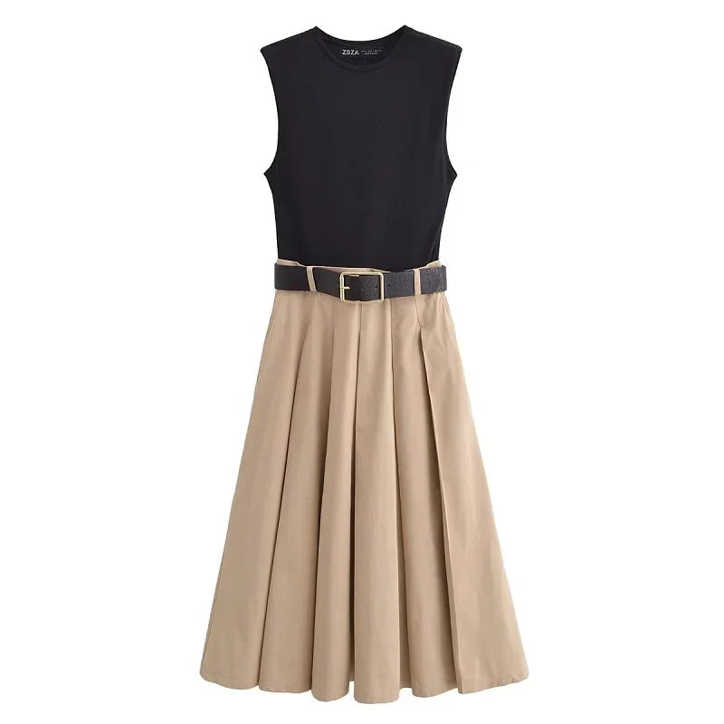 Belt Pleated Midi Dress - Palm and Thread
