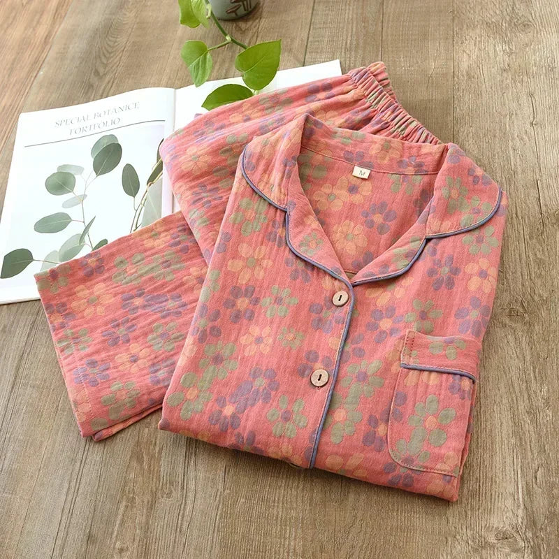 Long-sleeved trousers two-piece cotton crepe flower leaves Pajama set - Palm and Thread
