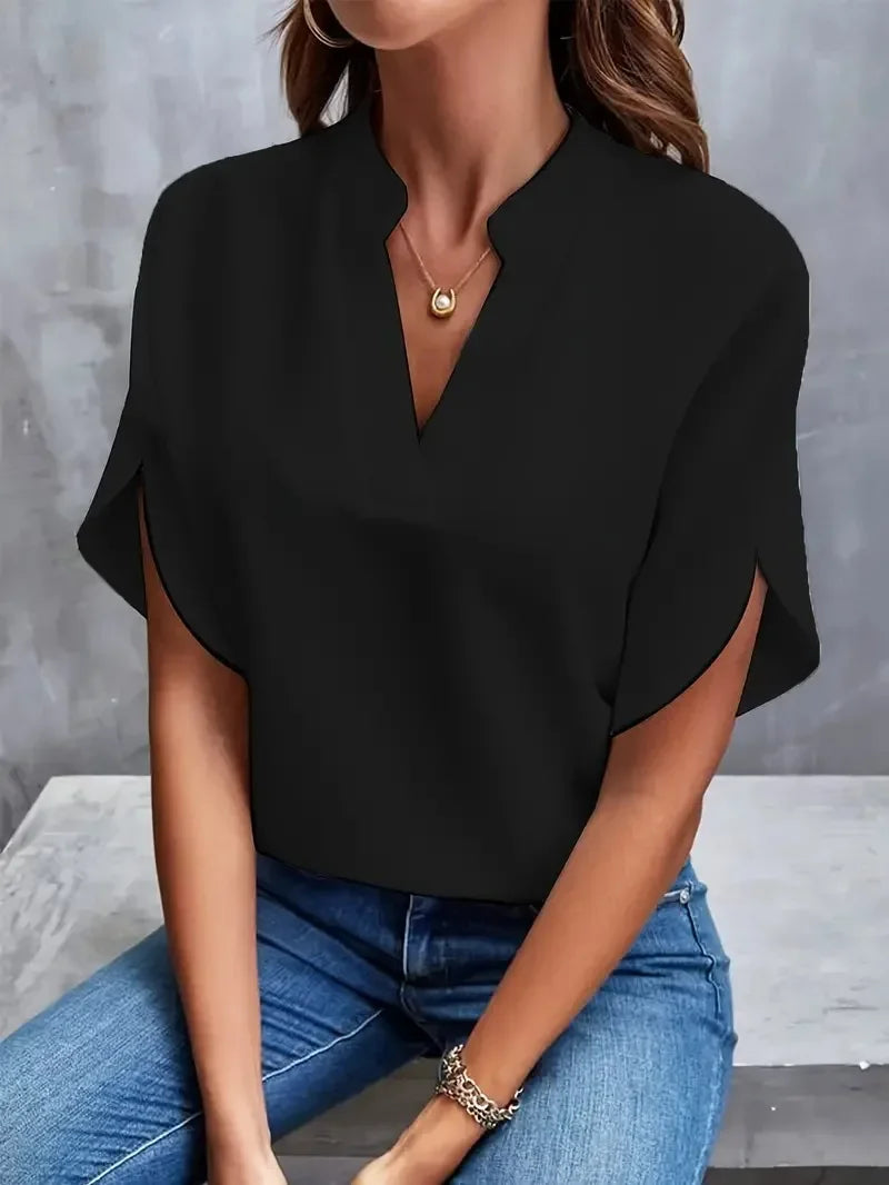 Elegant Blouse New V-neck Short Sleeve Solid Color Loose Shirt - Palm and Thread