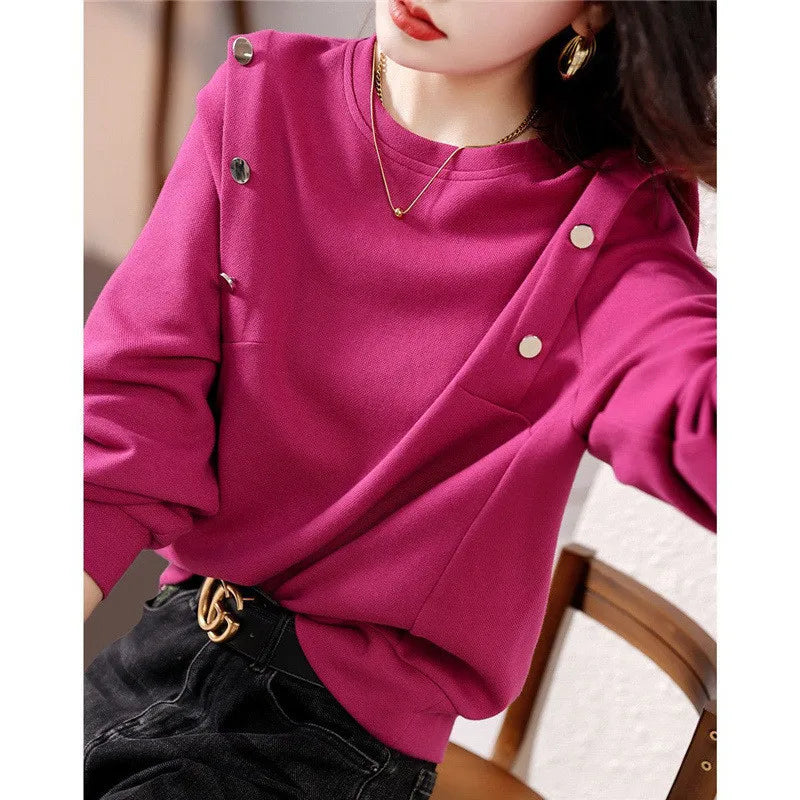 Fashion O Neck Long Sleeve Buttons Chic Sweet Pullover Top - Palm and Thread