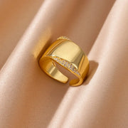 Zircon Cristal Geometric Stainless Steel Gold Color Adjustable Finger Ring - Palm and Thread