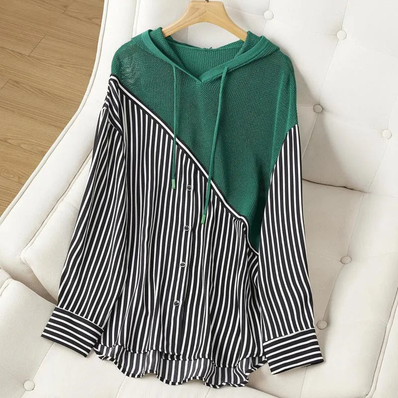 Fashion Striped Patchwork Hooded Shirt Top - Palm and Thread