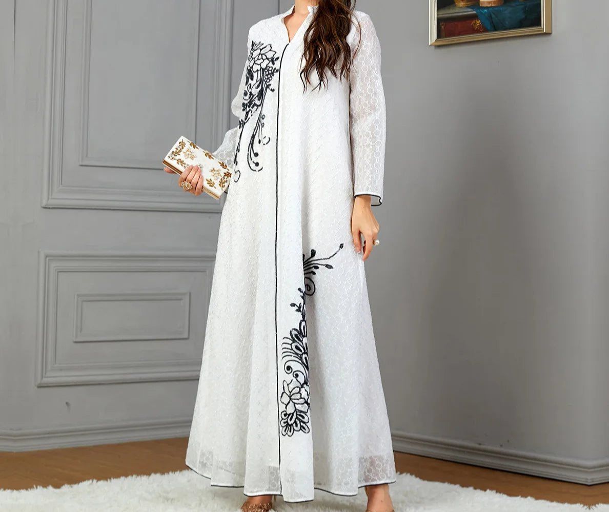 White Floral Sequins Notched V-Neck Abaya - Palm and Thread