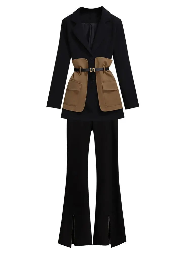 Belt Decorative Patchwork Blazer + Pant Outfit - Palm and Thread