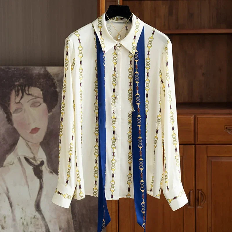 Striped Satin Chain Print Blouse - Palm and Thread