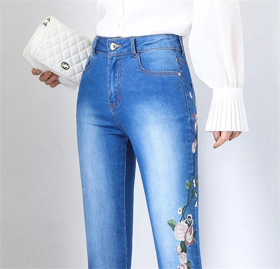 Embroidery Skinny Flare Jeans Pant - Palm and Thread