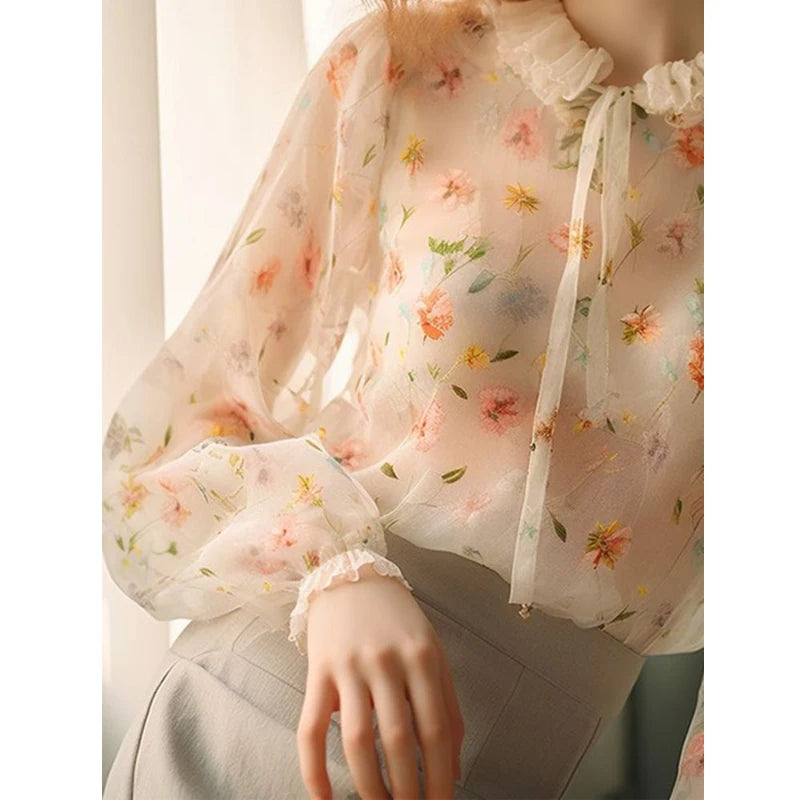 Ruffled Floral Printed Lace Up Blouse - Palm and Thread