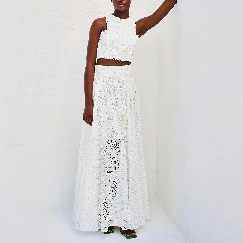 Embroidery Sleeveless Hollow Out Top A Line Skirt Matching Set - Palm and Thread