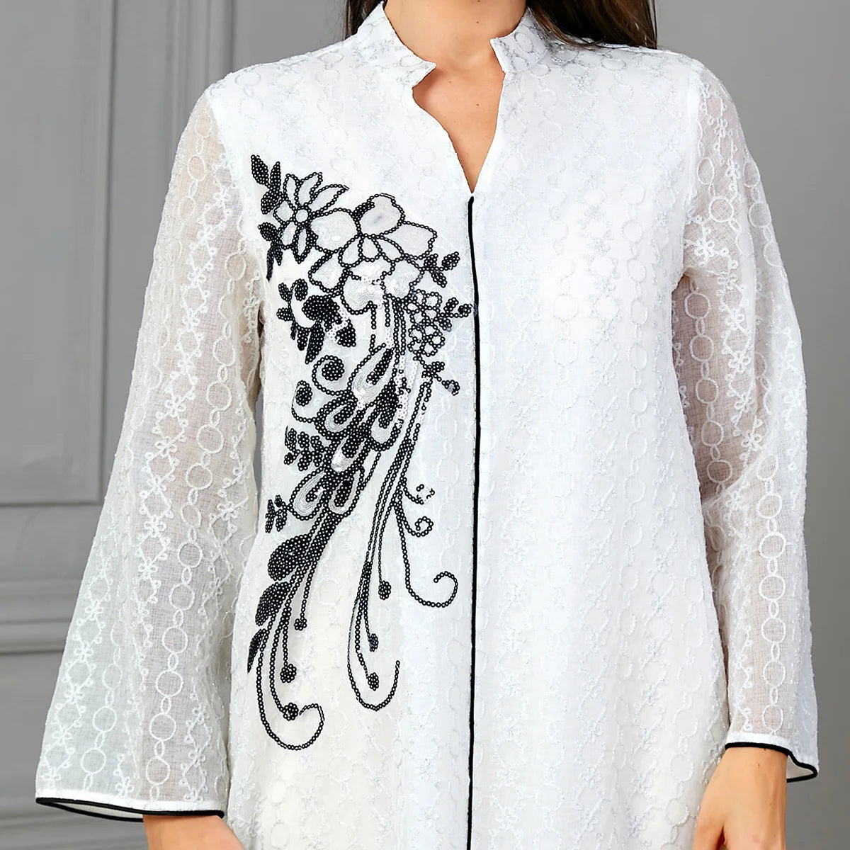 White Floral Sequins Notched V-Neck Abaya - Palm and Thread