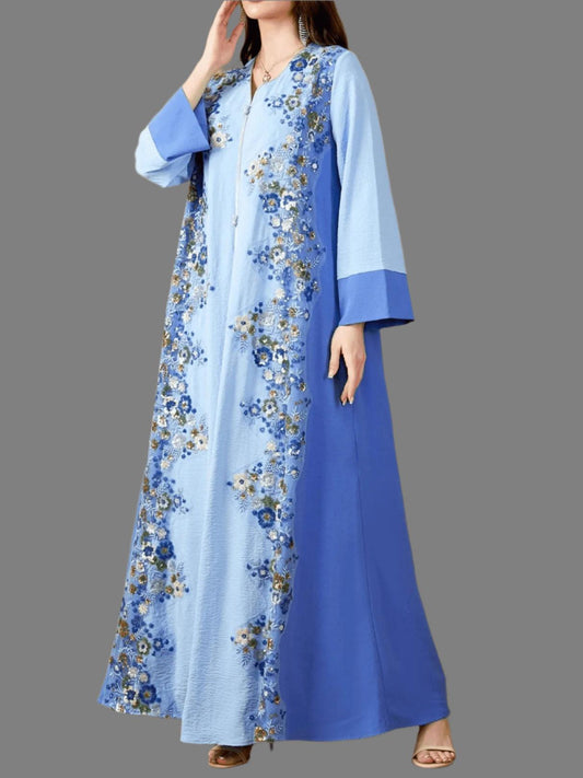 Embroidered V-Neck Elegant Dress Abaya - Palm and Thread