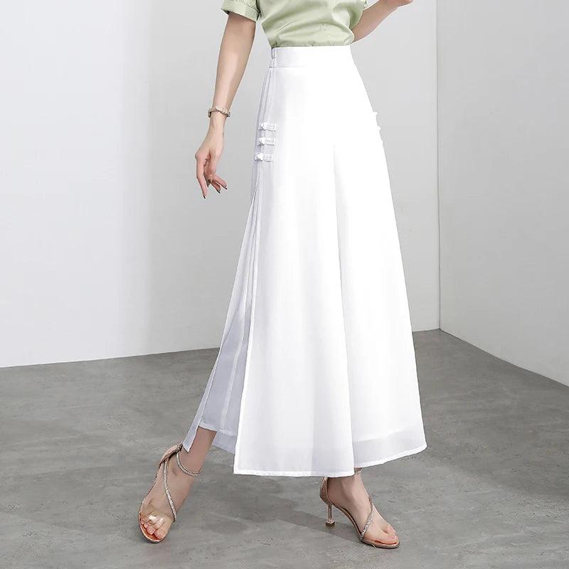 Side Slit Chiffon Thin Elastic Waist Wide Leg Pants Chic Droop - Palm and Thread