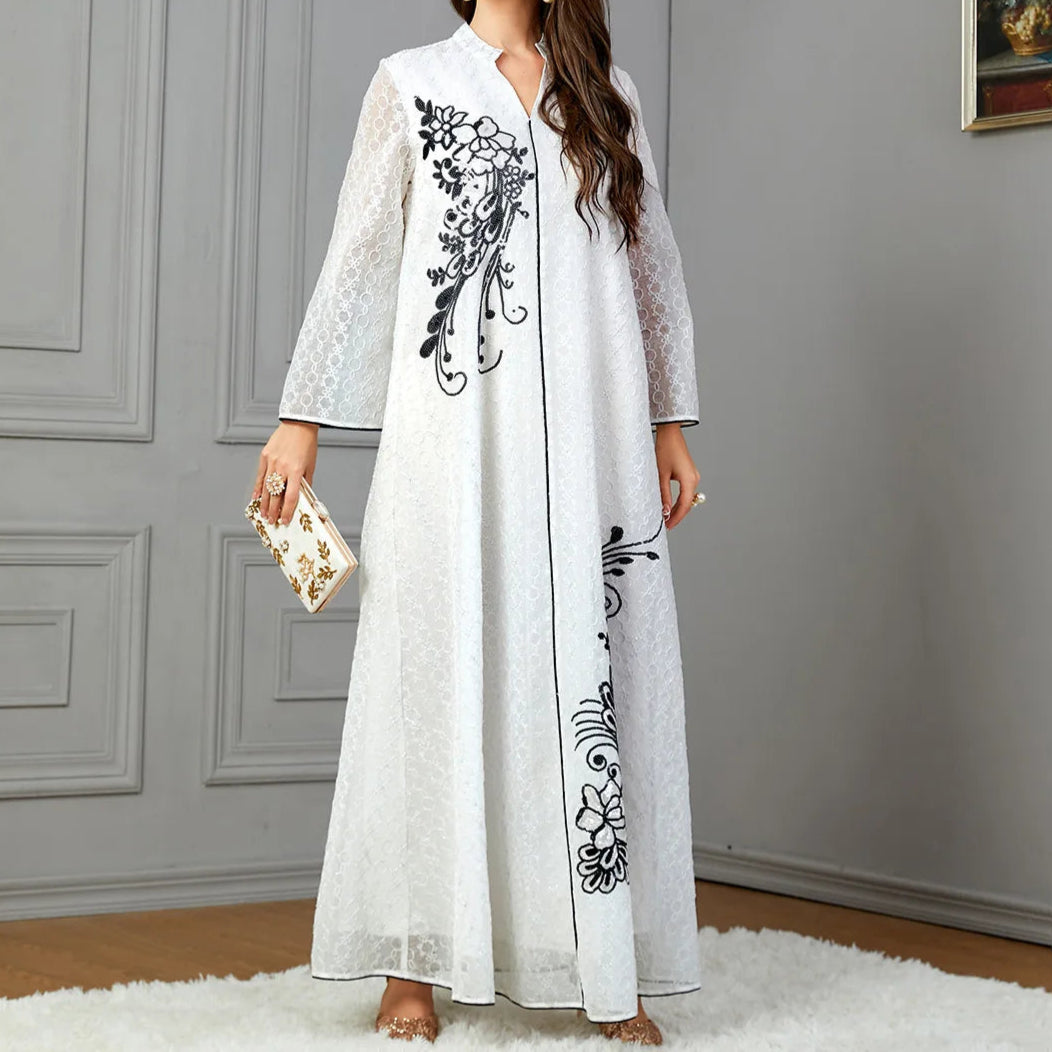 White Floral Sequins Notched V-Neck Abaya - Palm and Thread