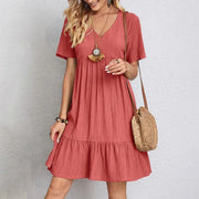 Loose V-neck Short Sleeved Pleated Dress - Palm and Thread