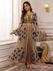 Abaya 2 Piece Set Mesh Embroidery Kaftan Vestidos Largos - Palm and Thread