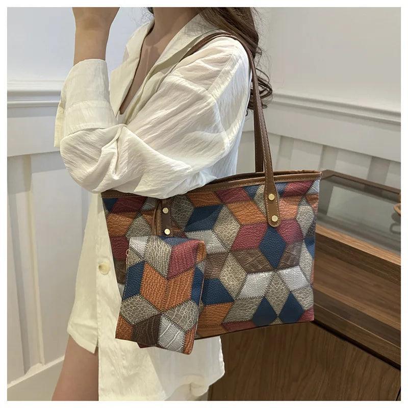 Vintage Patchwork PU Leather Casual Tote Bag - Palm and Thread