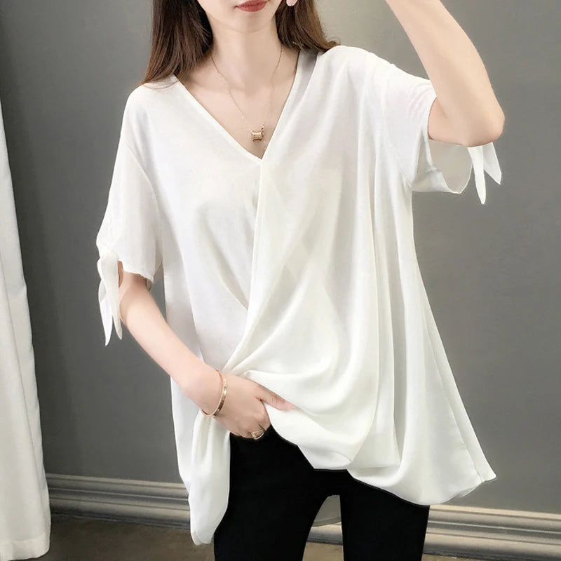 V Neck Hollow Bow Blouse - Palm and Thread