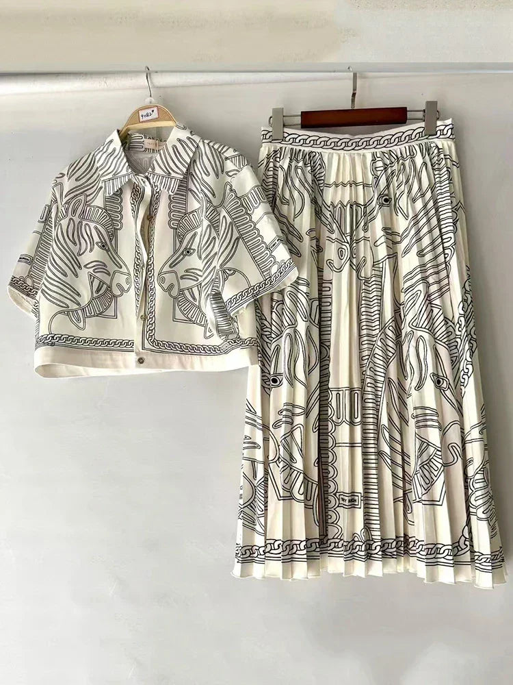 retro geometric print lapel shirt +SKIRT two-piece set - Palm and Thread