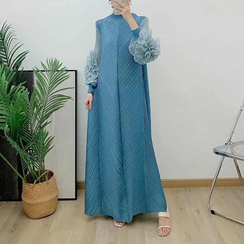 Pleated Maxi Mesh Petal Sleeve Half Turtleneck Dress Abaya - Palm and Thread