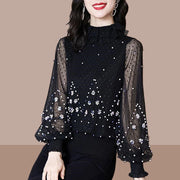 Mesh Patchwork Beaded T-Shirt Top - Palm and Thread