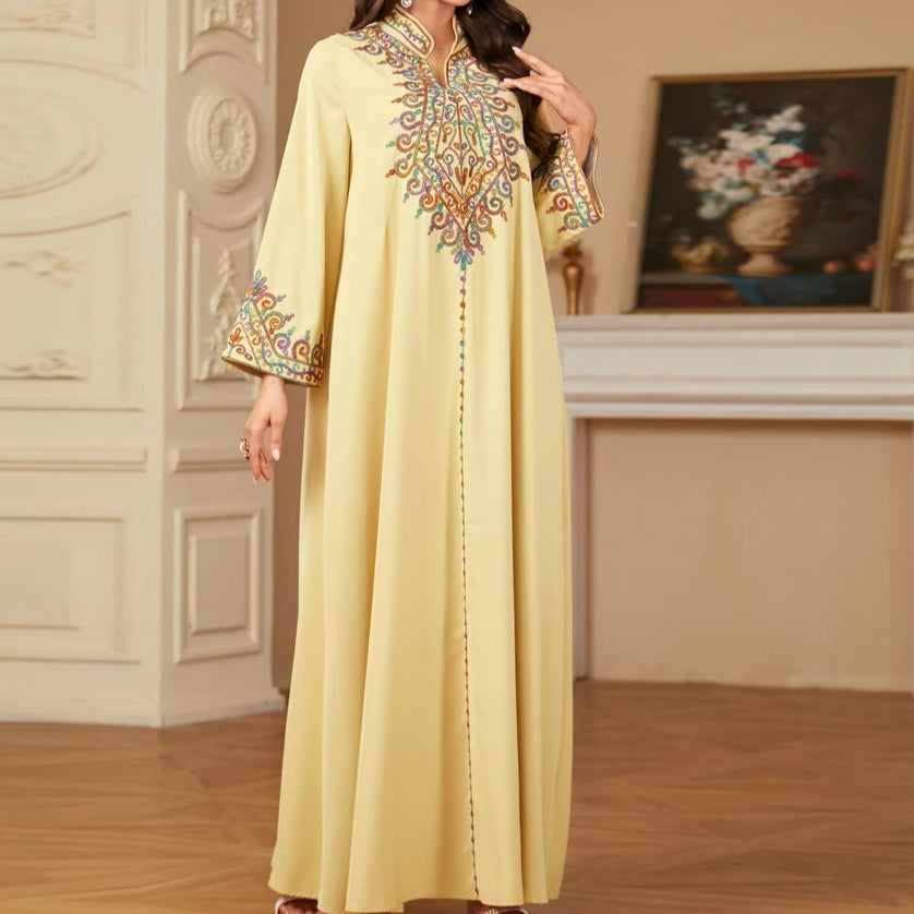 Embroidery V-Neck Long Dress Abaya - Palm and Thread