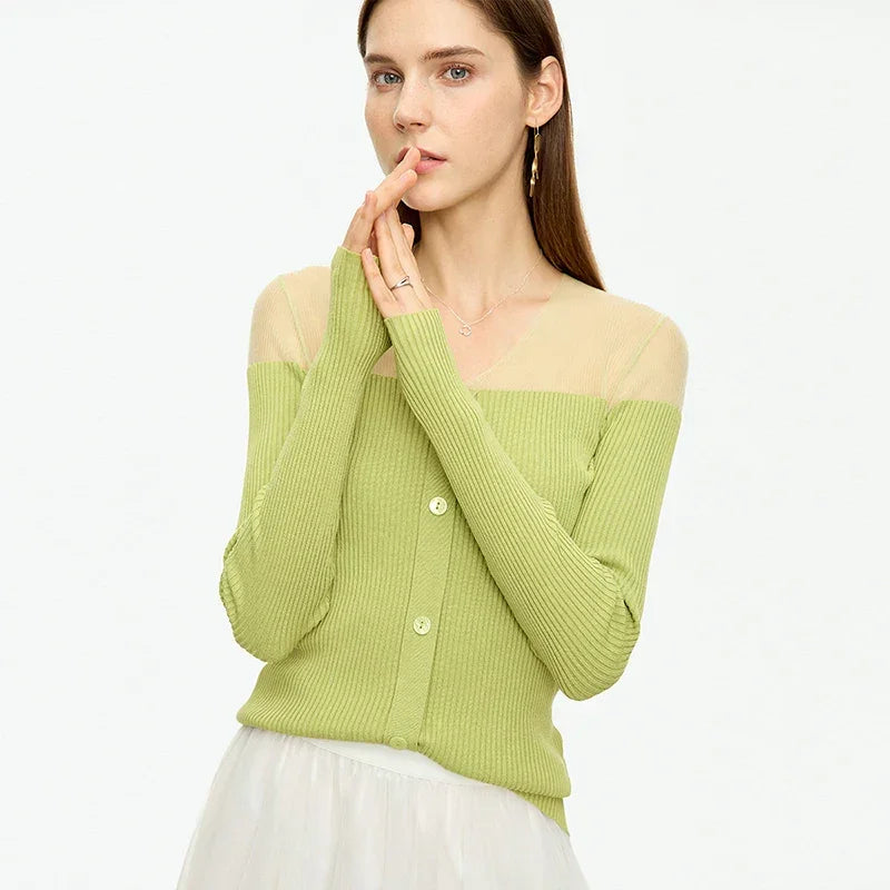 Full Sleeve Perspective V-neck Button Top - Palm and Thread