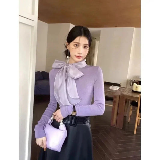 Temperament Bow Tie Long Sleeve Knitted Top - Palm and Thread