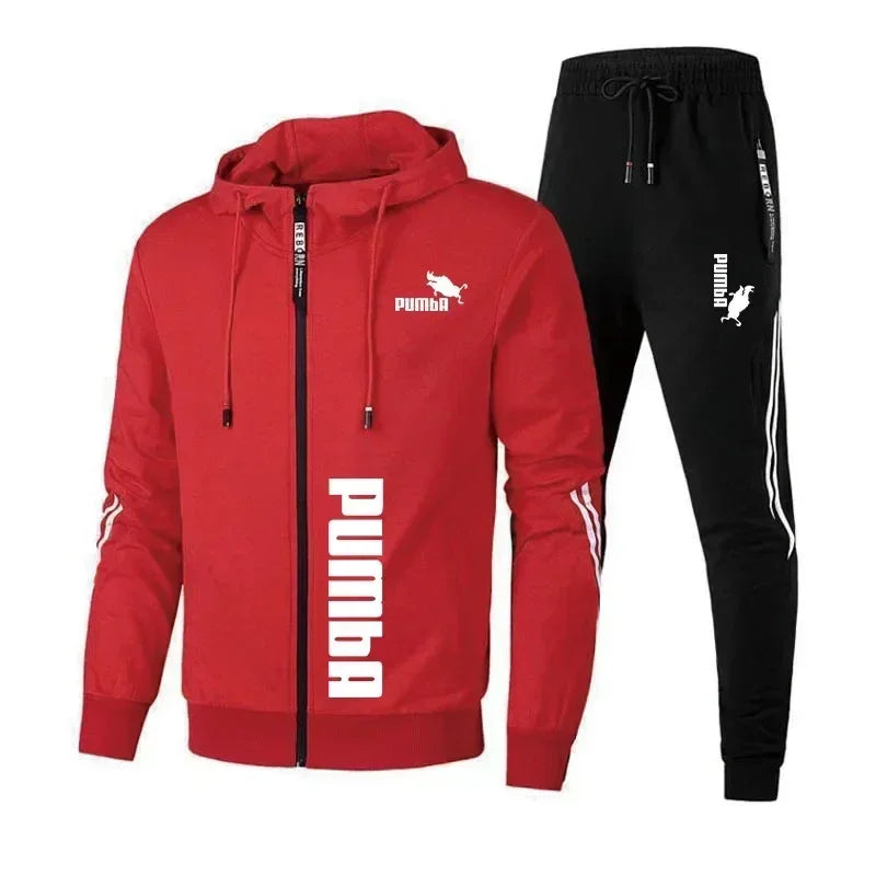 Print Zipper Hooded Jacket Coat+Slim Sweatpants Set