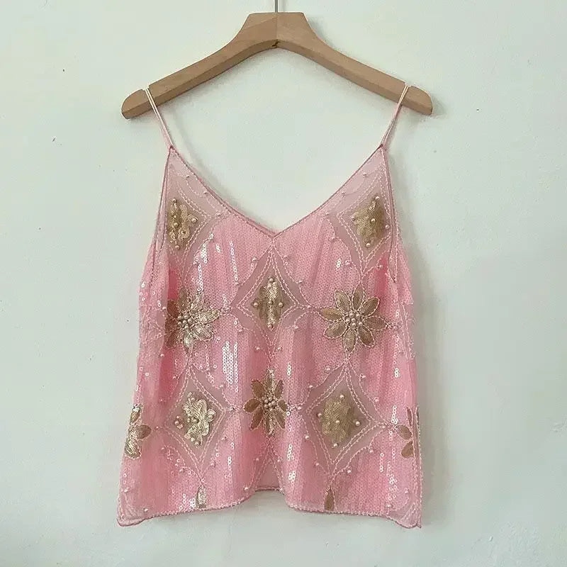 Sequin Bead Sling Slim Fit Straight Tank Top - Palm and Thread