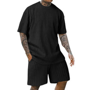crew-neck vertical stripe T-shirt shorts short-sleeved suit