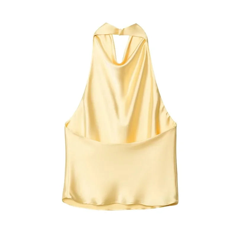 Halter Black Satin Backless Top - Palm and Thread