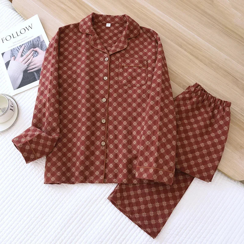 Long-sleeved trousers two-piece cotton crepe flower leaves Pajama set - Palm and Thread