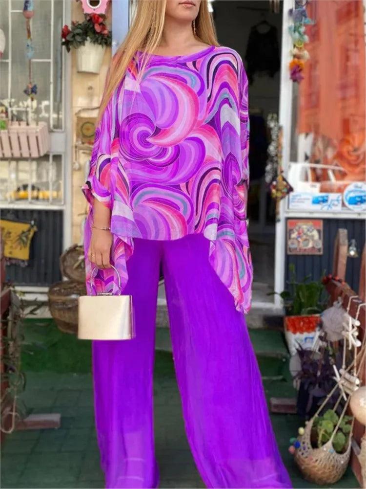 Colorful Chiffon top + Long Pant Matching Set - Palm and Thread