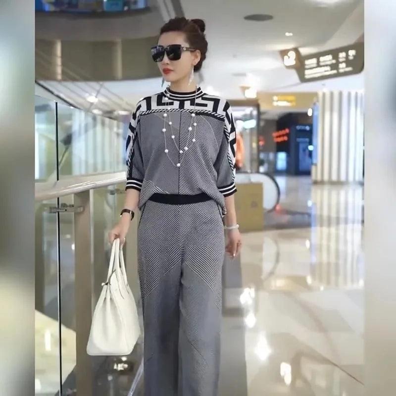 New Loose Slim Long-sleeved Ice Silk Knitted Two-piece Suit - Palm and Thread