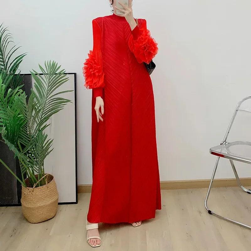 Pleated Maxi Mesh Petal Sleeve Half Turtleneck Dress Abaya - Palm and Thread