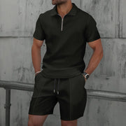 Waffle zip-up lapel short-sleeve suit shorts set - Palm and Thread