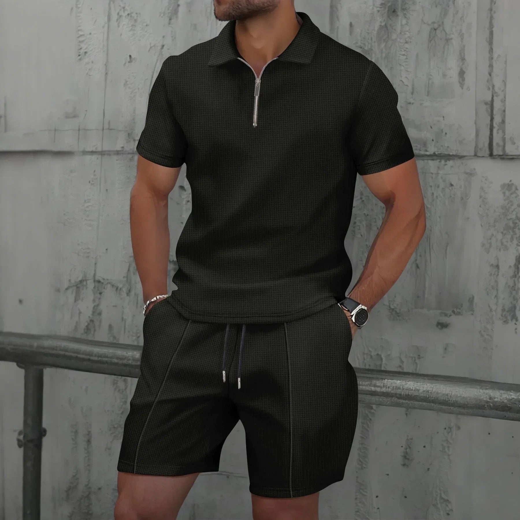 Waffle zip-up lapel short-sleeve suit shorts set - Palm and Thread