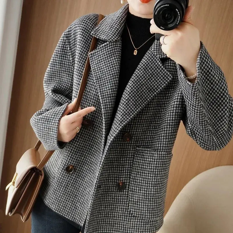 Vintage Plaid Double-sided Woolen Notched Collar Loose Jacket - Palm and Thread