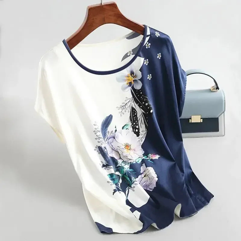 Silk Satin Floral Print O Neck Short Sleeve Casual Office Top - Palm and Thread