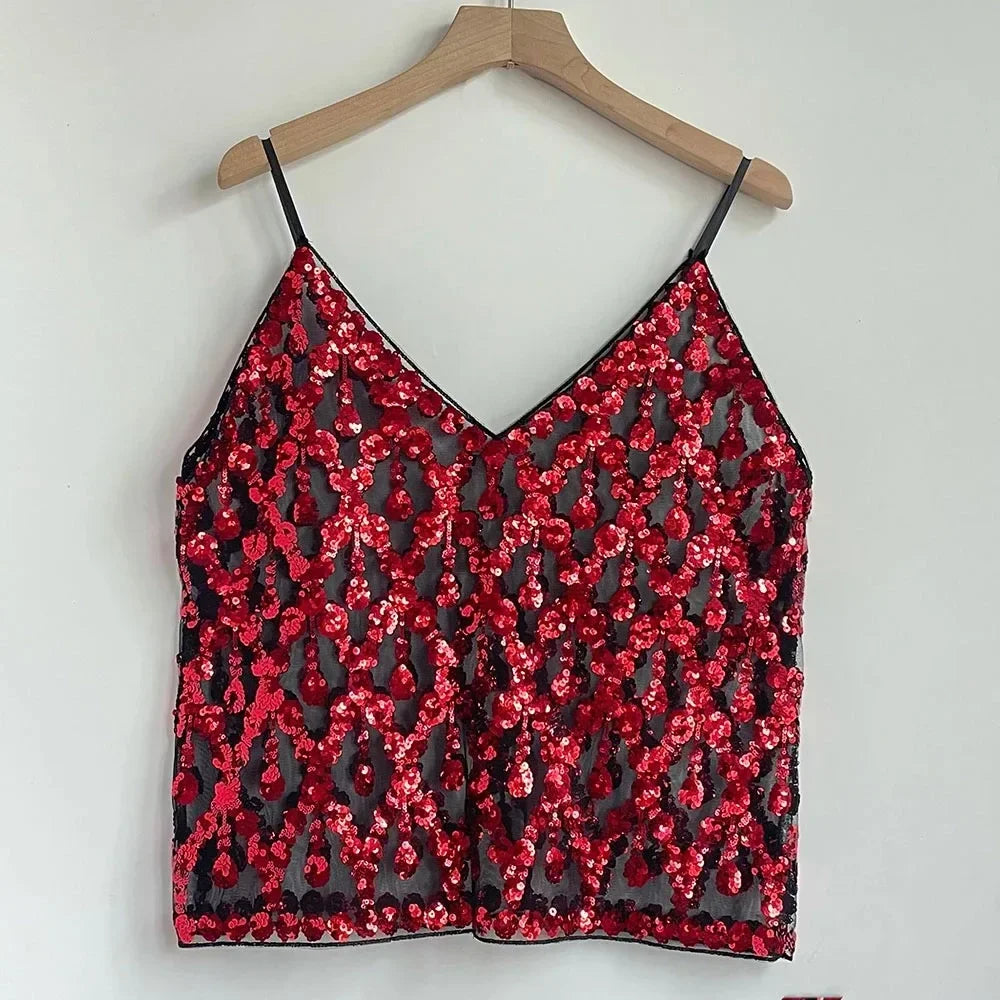 Sequin Bead Sling Slim Fit Straight Tank Top - Palm and Thread