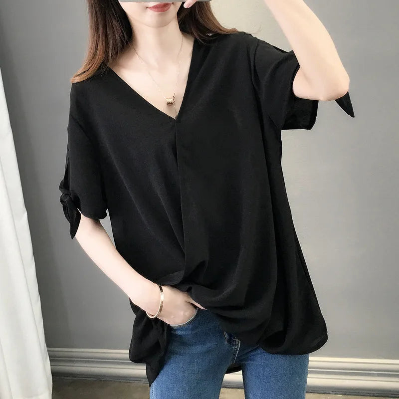 V Neck Hollow Bow Blouse - Palm and Thread