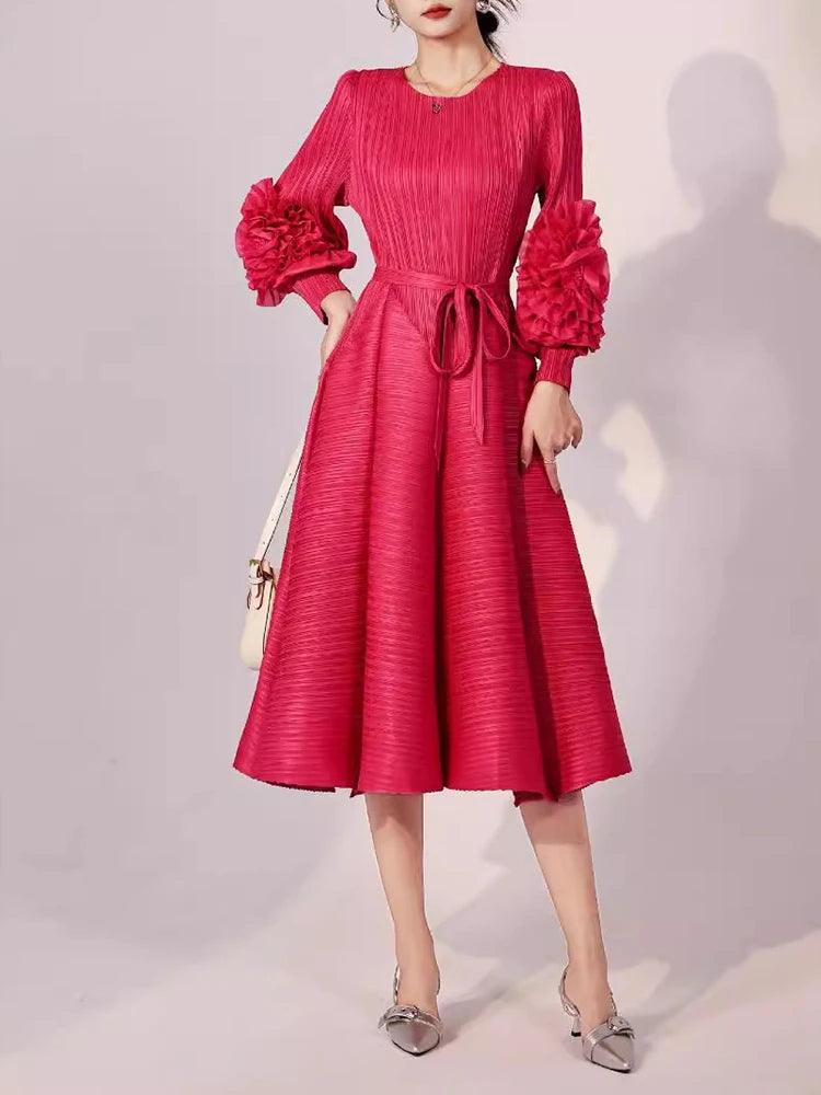 Pleated 3D Floral Sleeves Belt Gathered Waist Dress - Palm and Thread