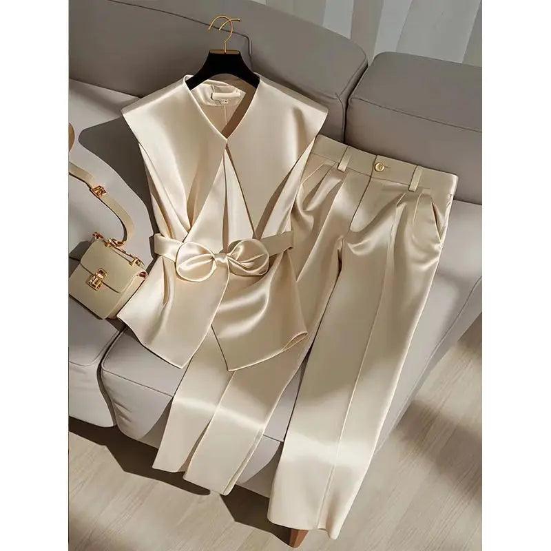 Satin Elegant OL Peter Pan Collar Bow Sleeveless Vest + High Waist Wide Leg Pant Two Piece Set - Palm and Thread