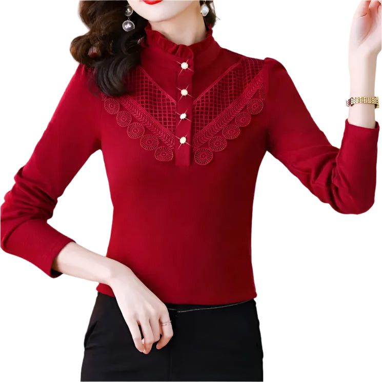 Elegant Ruffle Lace Slim Warm Long Sleeve Basic T-shirt - Palm and Thread